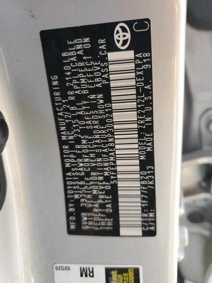 2022 TOYOTA COROLLA LE VIN:5YFEPMAE8NP300210