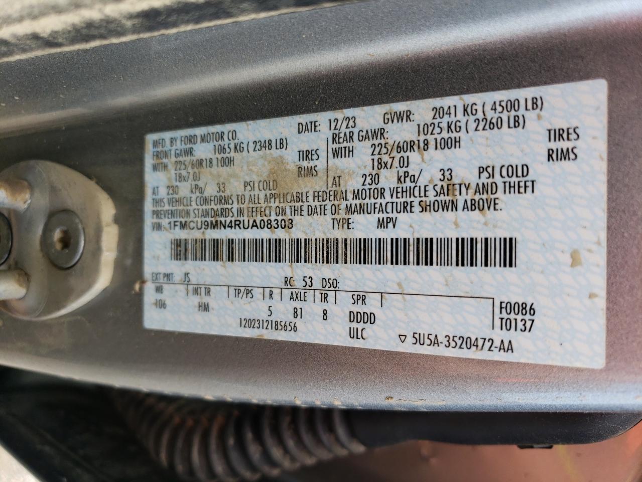 2024 FORD ESCAPE ST LINE VIN:1FMCU9MN4RUA08308