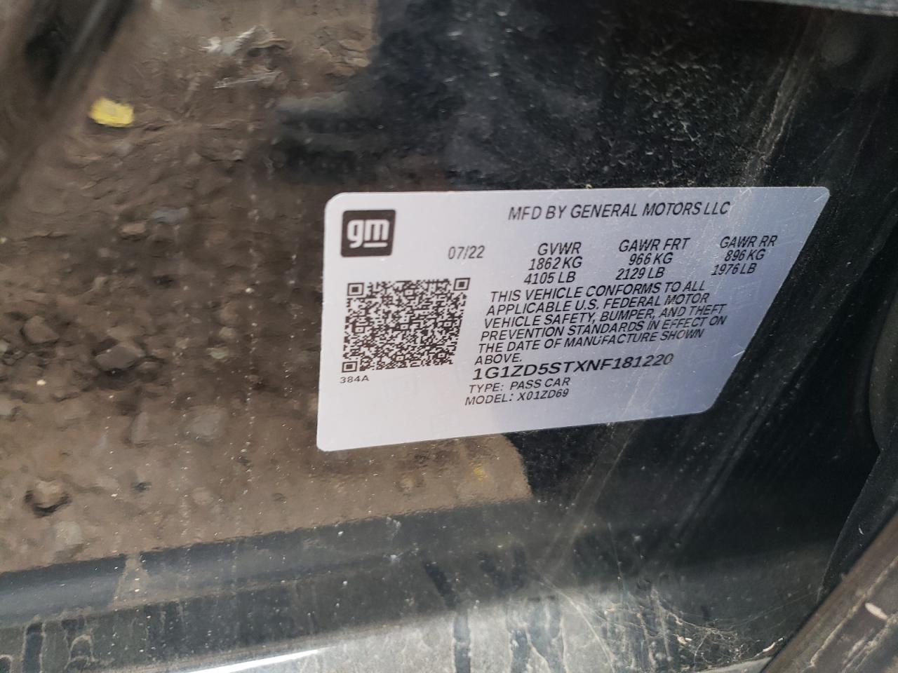 2022 CHEVROLET MALIBU LT VIN:1G1ZD5STXNF181220