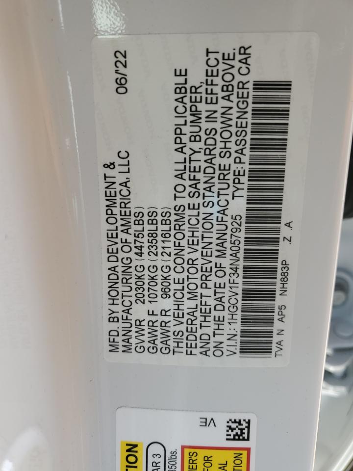 2022 HONDA ACCORD SPORT VIN:1HGCV1F34NA057925