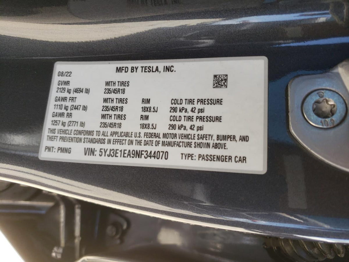 2022 TESLA MODEL 3 VIN:5YJ3E1EA9NF344070