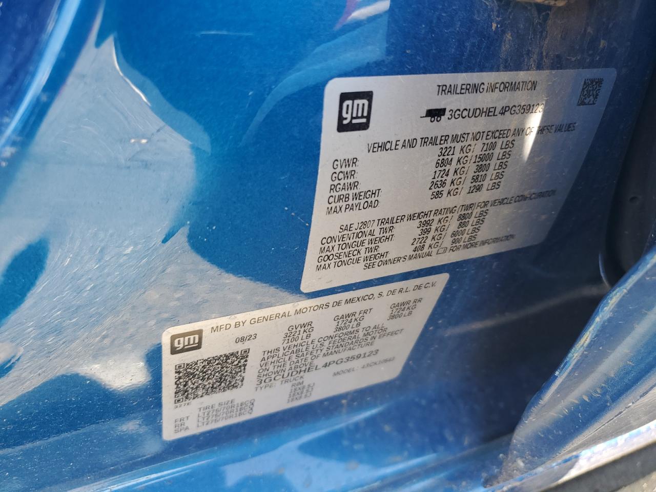 2023 CHEVROLET SILVERADO K1500 ZR2 VIN:3GCUDHEL4PG359123