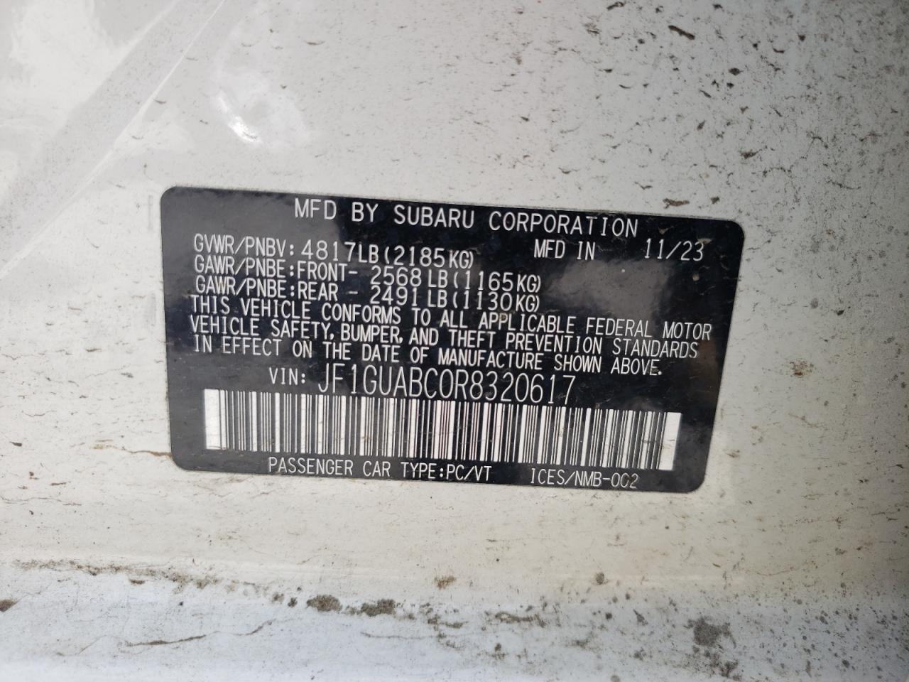 2024 SUBARU IMPREZA VIN:JF1GUABC0R8320617