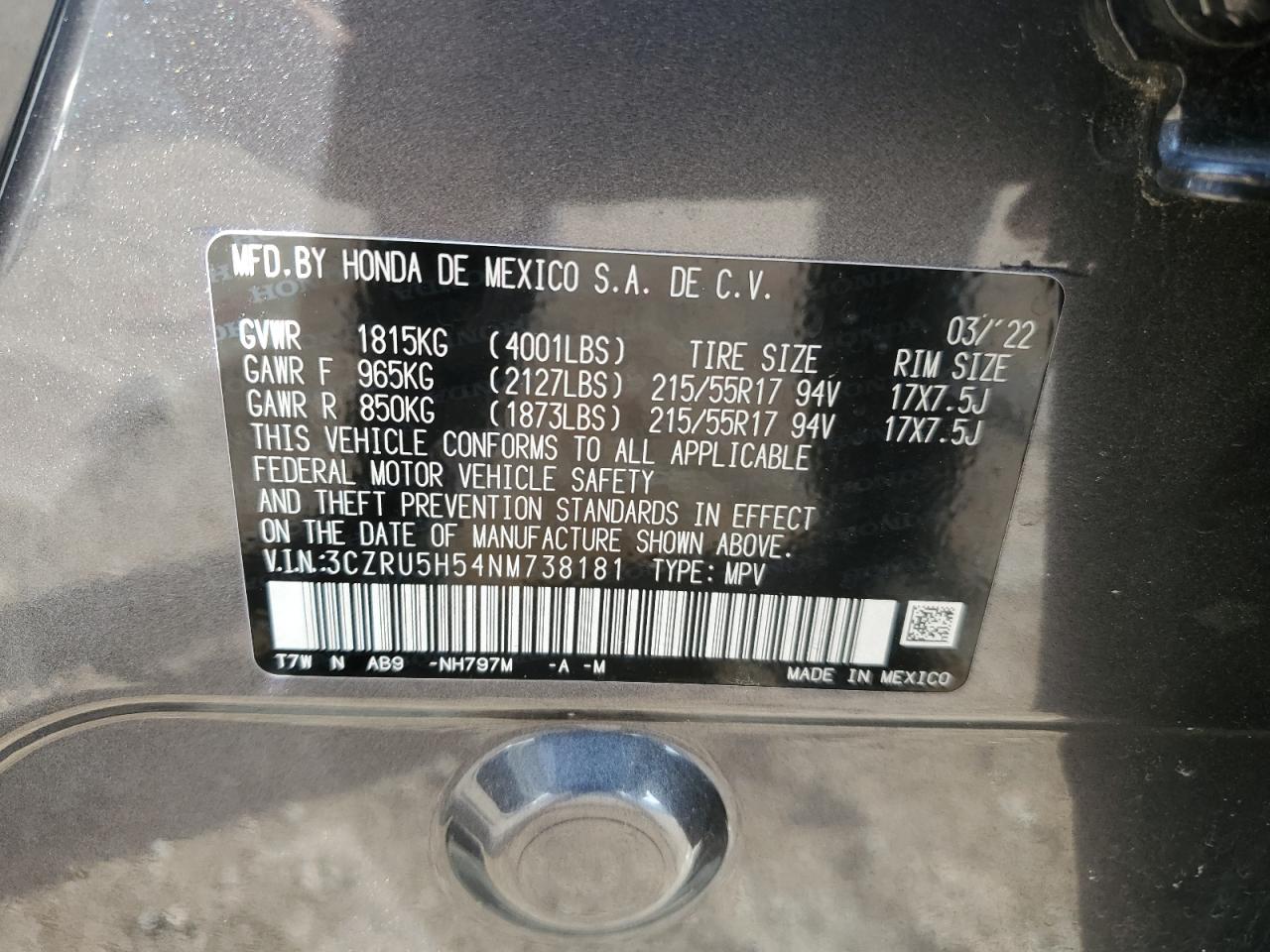 2022 HONDA HR-V EX VIN:3CZRU5H54NM738181