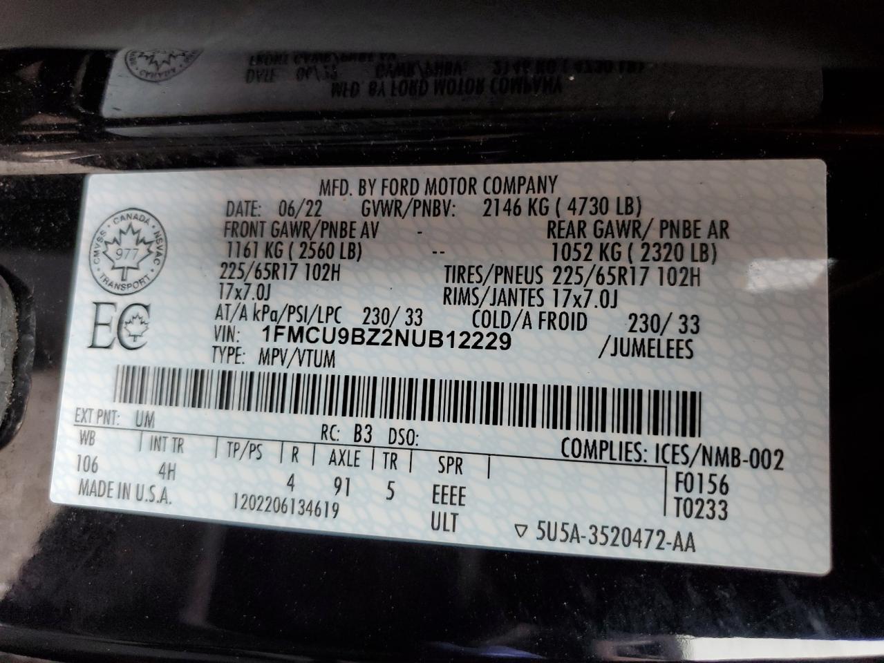 2022 FORD ESCAPE SE VIN:1FMCU9BZ2NUB12229