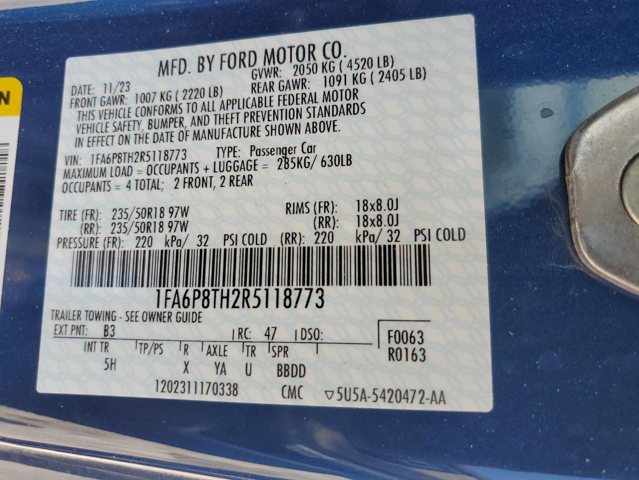 2024 FORD MUSTANG VIN:1FA6P8TH2R5118773