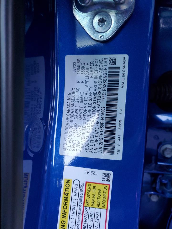 2023 HONDA CIVIC SI VIN:2HGFE1E58PH475909