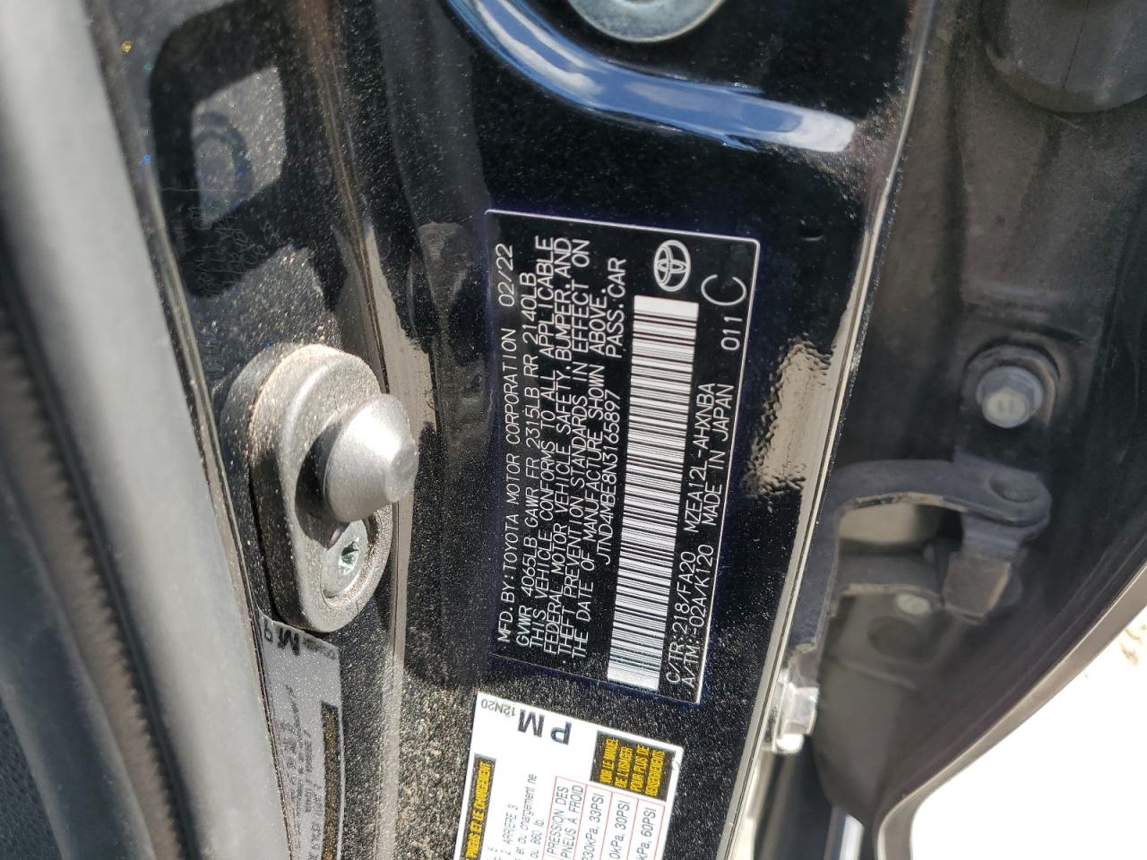 2022 TOYOTA COROLLA SE VIN:JTND4MBE8N3165897