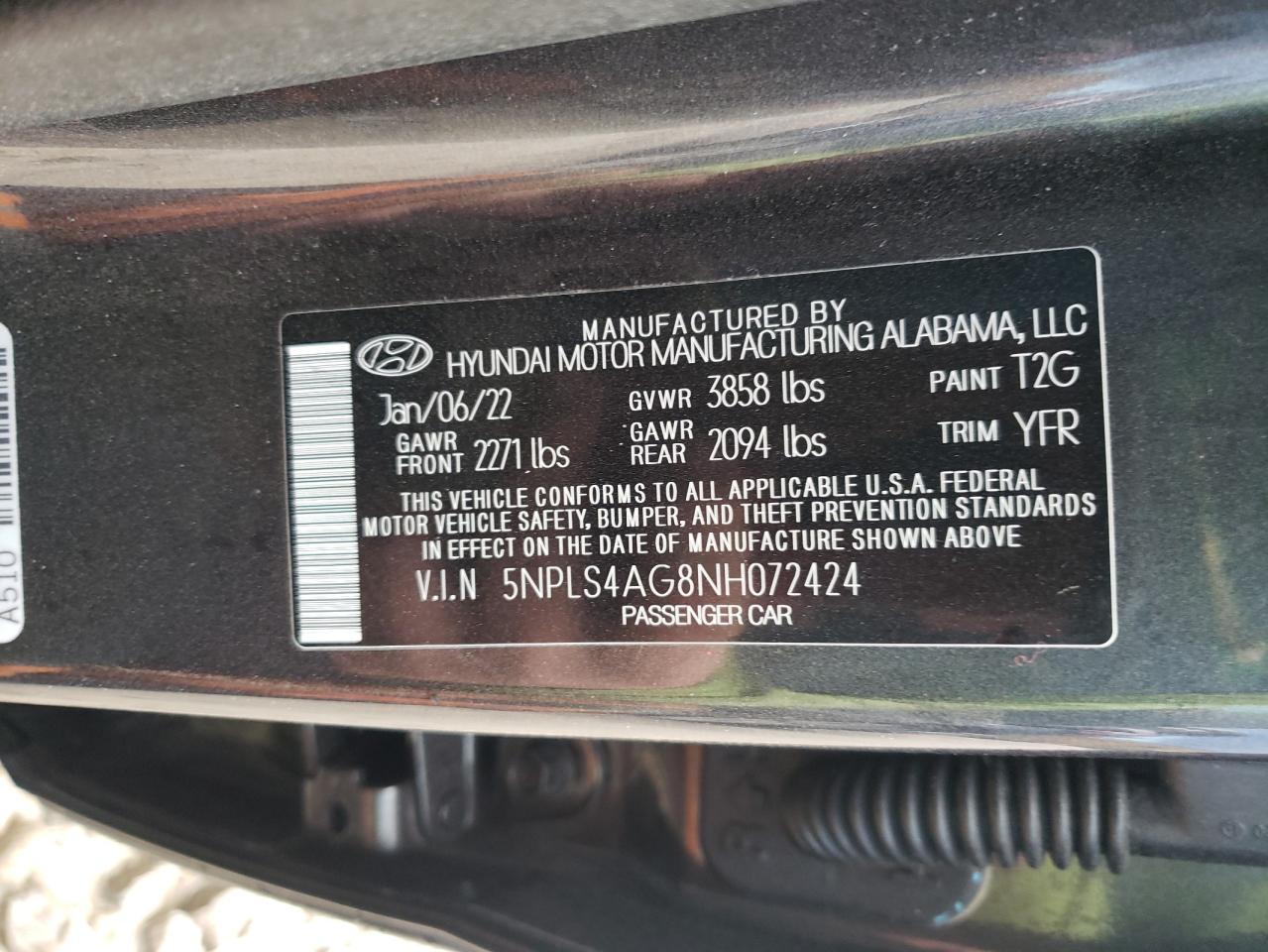 2022 HYUNDAI ELANTRA SEL VIN:5NPLS4AG8NH072424