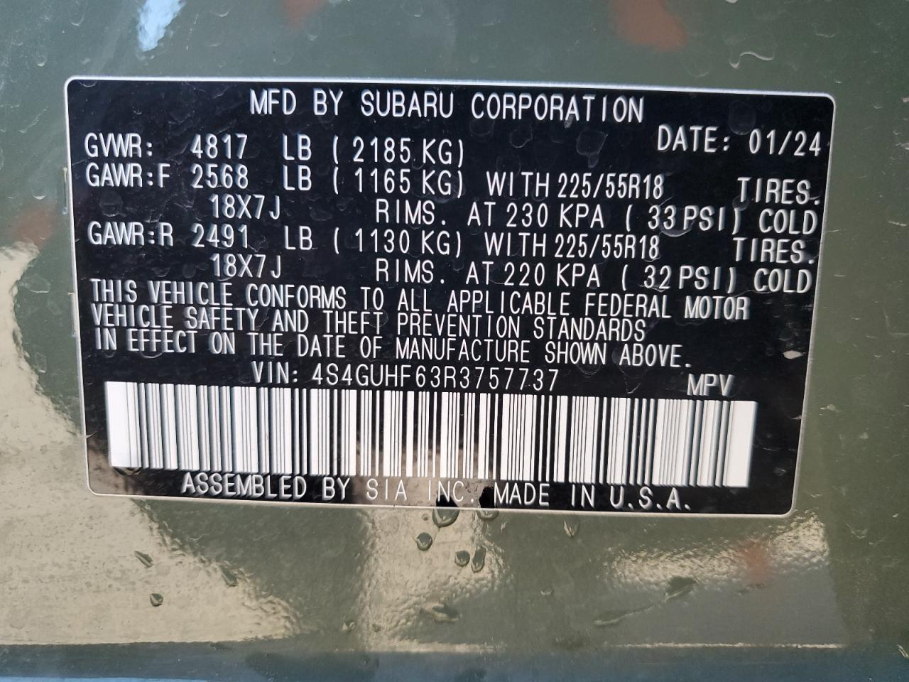 2024 SUBARU CROSSTREK SPORT VIN:4S4GUHF63R3757737