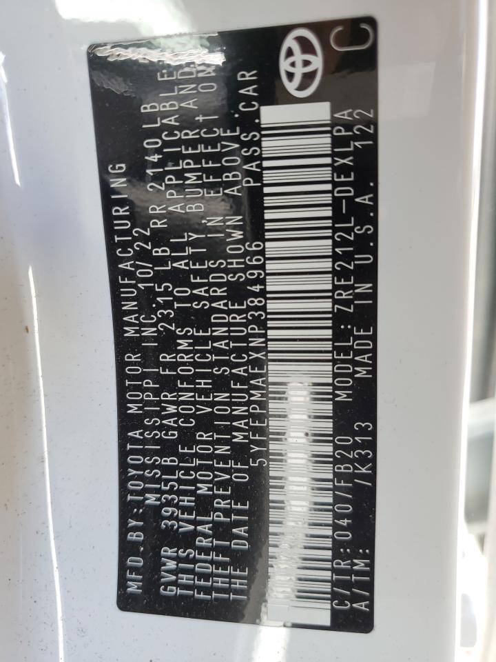 2022 TOYOTA COROLLA LE VIN:5YFEPMAEXNP384966