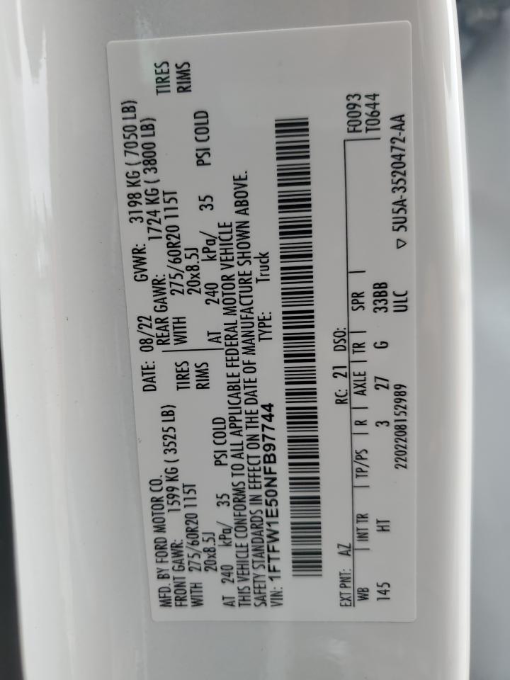 2022 FORD F150 SUPERCREW VIN:1FTFW1E50NFB97744