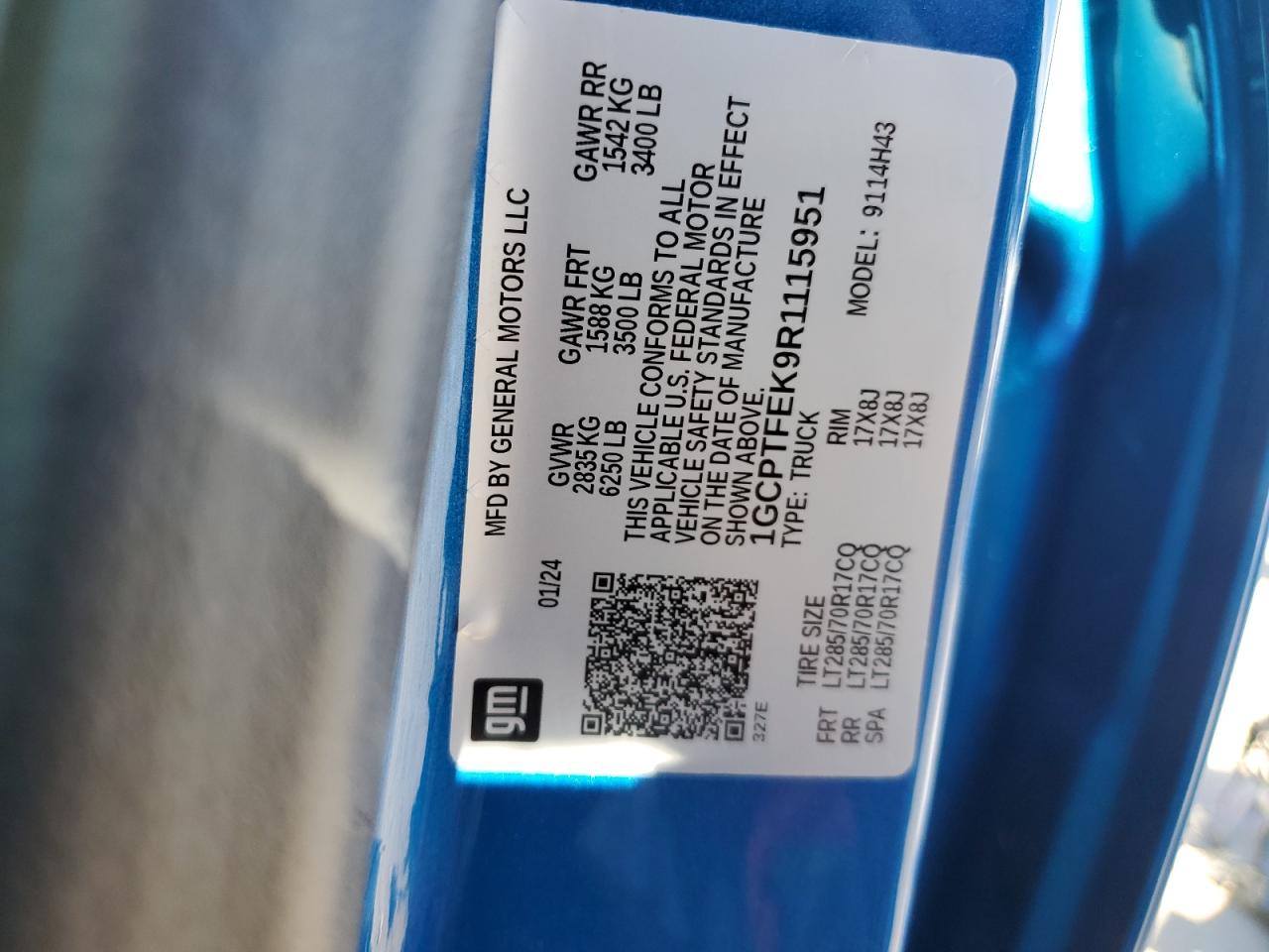 2024 CHEVROLET COLORADO ZR2 VIN:1GCPTFEK9R1115951