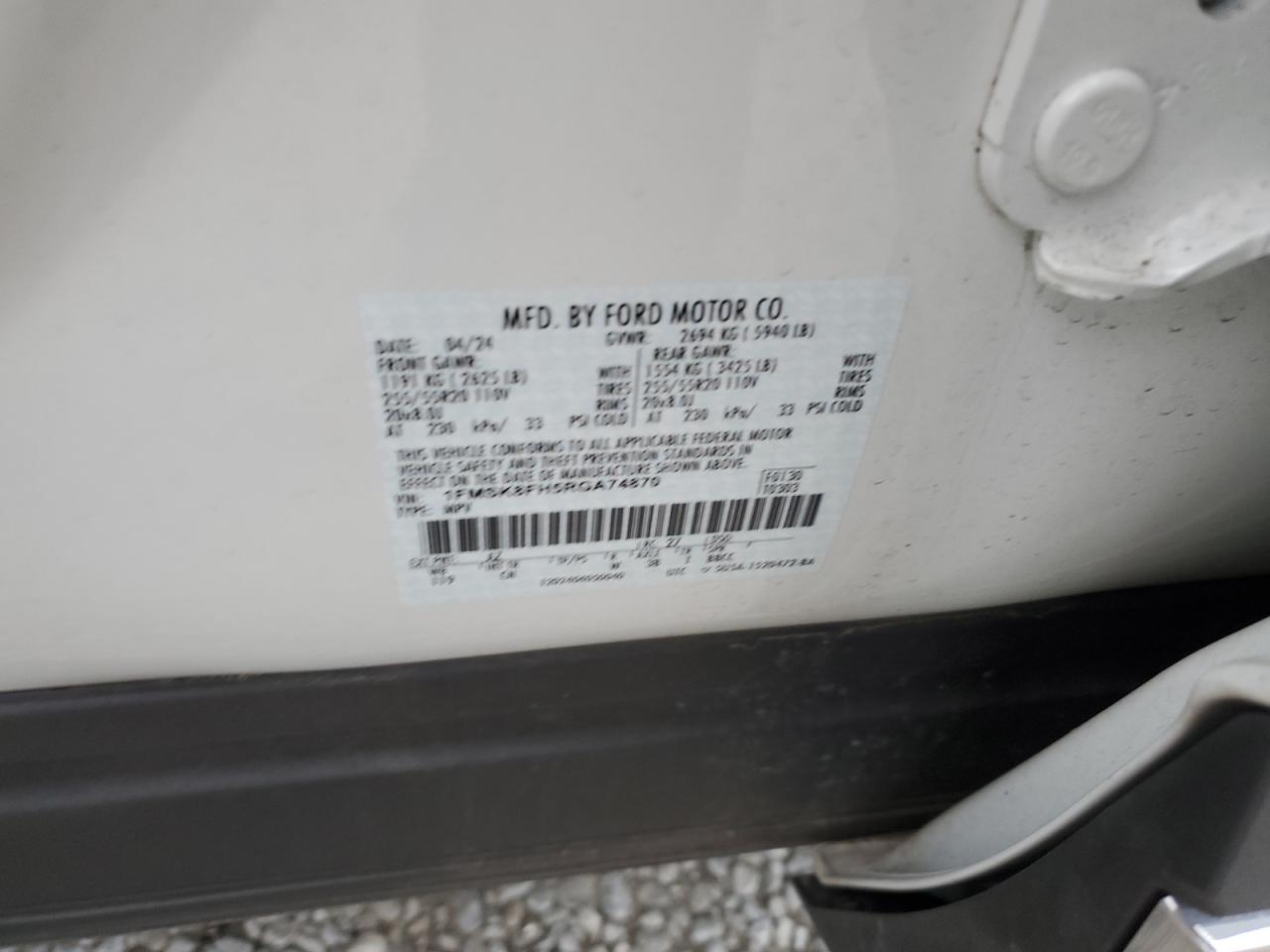 2024 FORD EXPLORER LIMITED VIN:1FMSK8FH5RGA74870