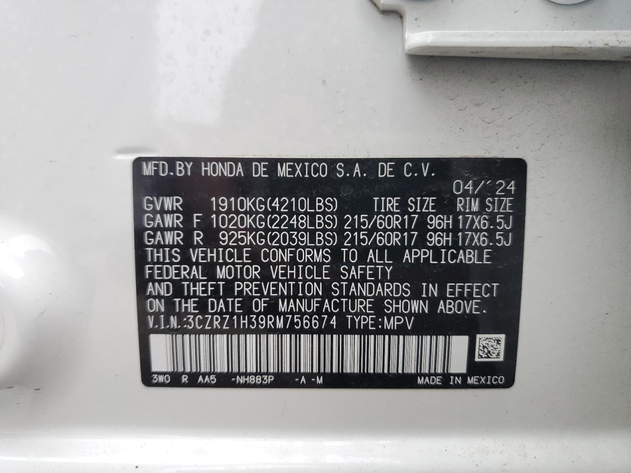 2024 HONDA HR-V LX VIN:3CZRZ1H39RM756674