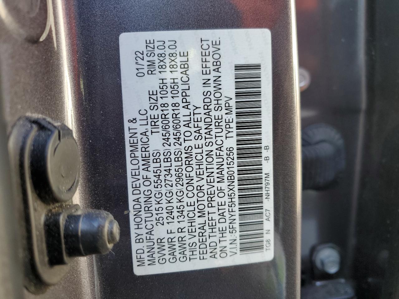 2022 HONDA PILOT EXL VIN:5FNYF5H5XNB015256