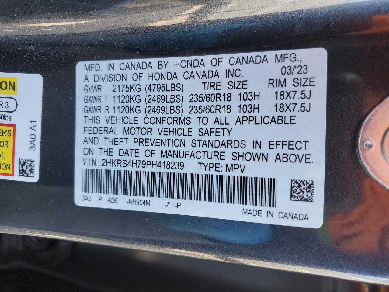 2023 HONDA CR-V EXL VIN:2HKRS4H79PH418239