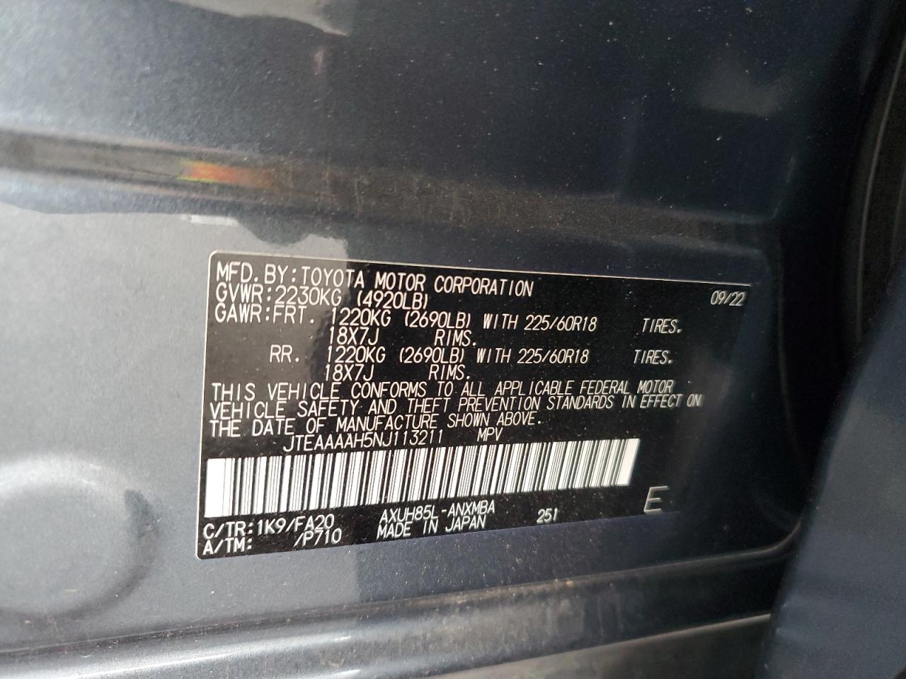 2022 TOYOTA VENZA LE VIN:JTEAAAAH5NJ113211