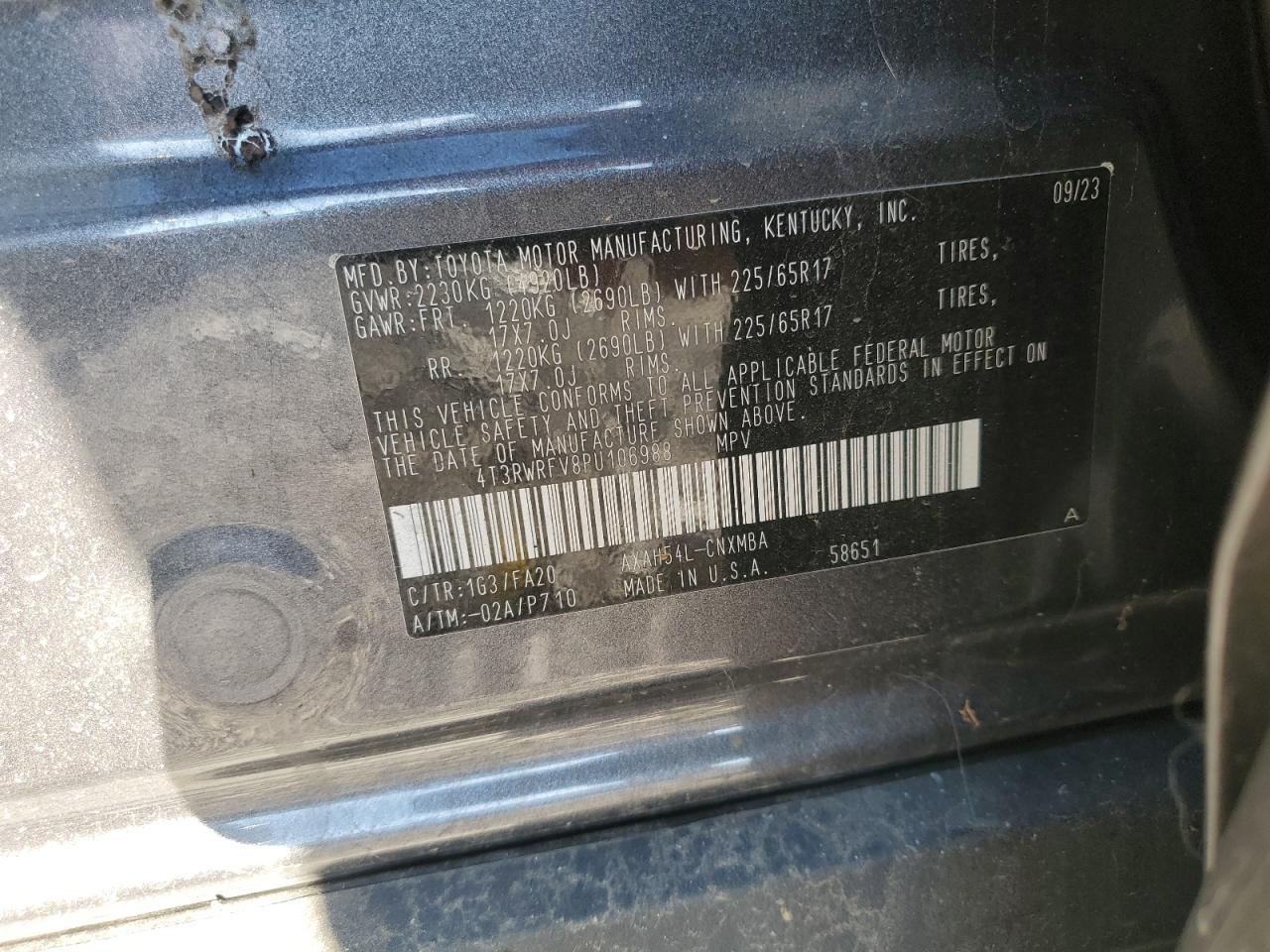 2023 TOYOTA RAV4 XLE VIN:4T3RWRFV8PU106988