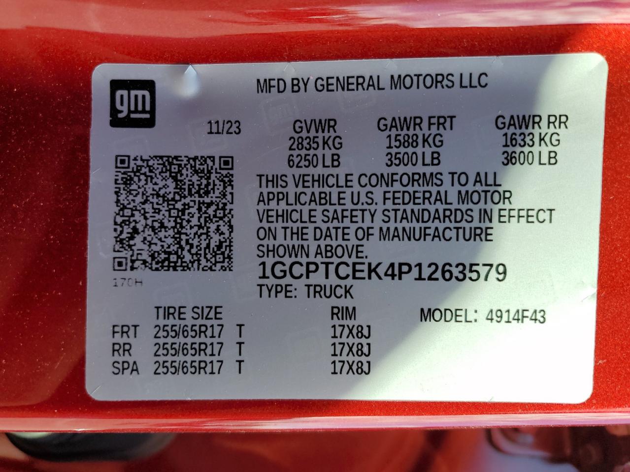 2023 CHEVROLET COLORADO LT VIN:1GCPTCEK4P1263579