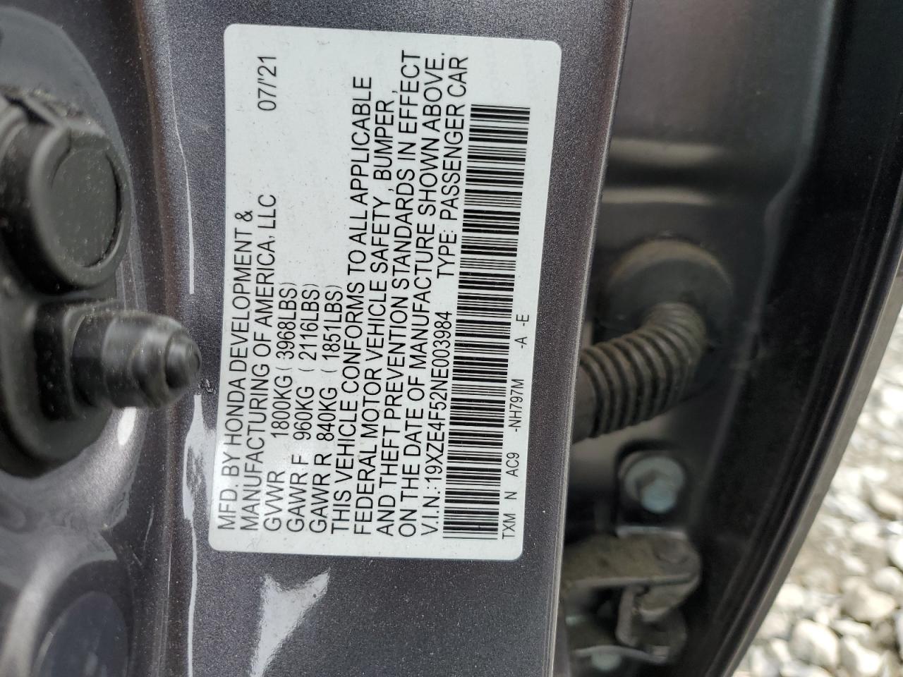 2022 HONDA INSIGHT EX VIN:19XZE4F54NE003064