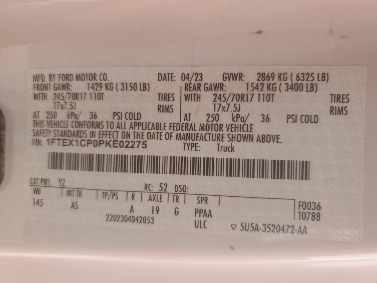 2023 FORD F150 SUPER CAB VIN:1FTEX1CP0PKE02275