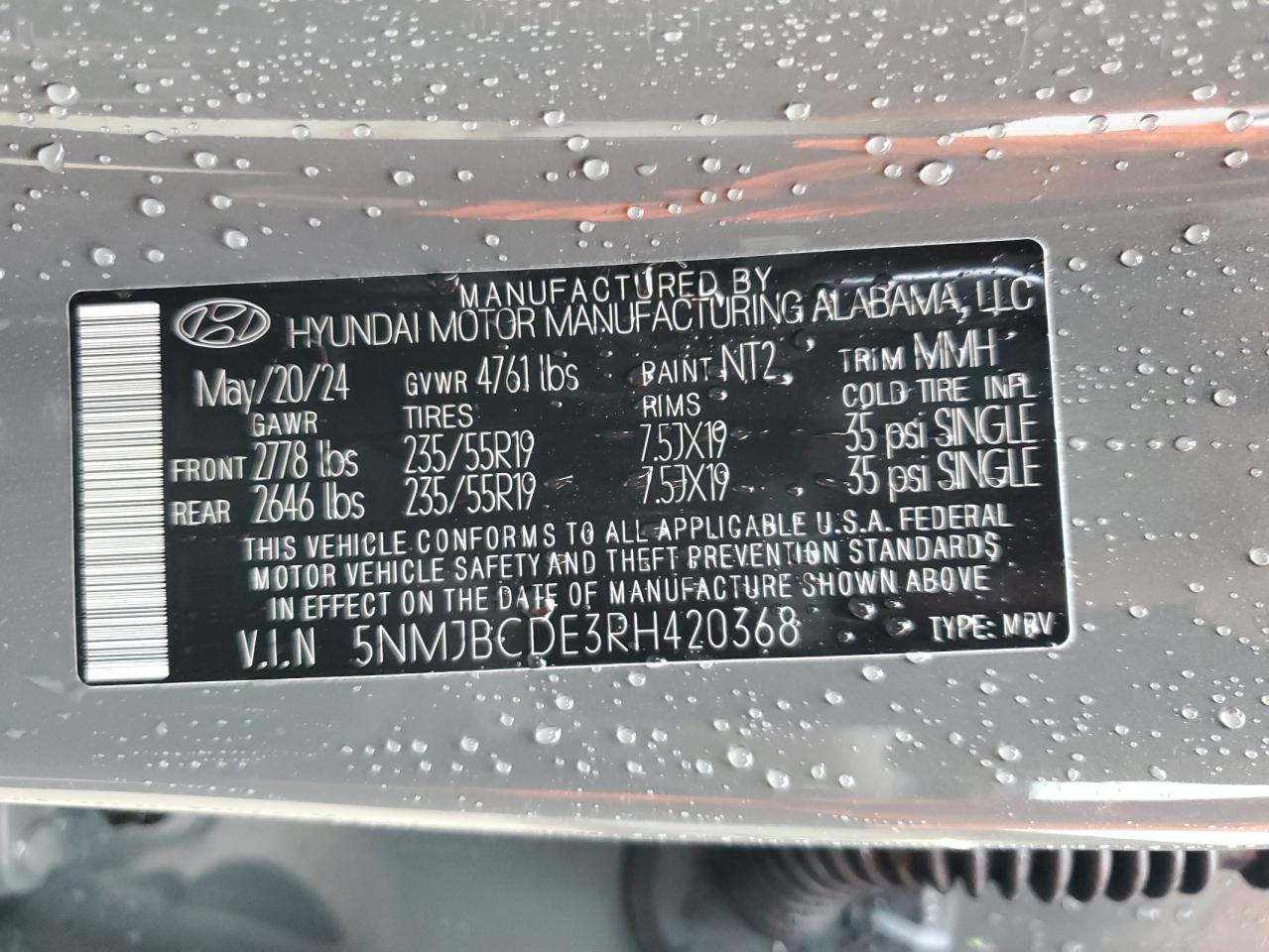 2024 HYUNDAI TUCSON SEL VIN:5NMJBCDE3RH420368