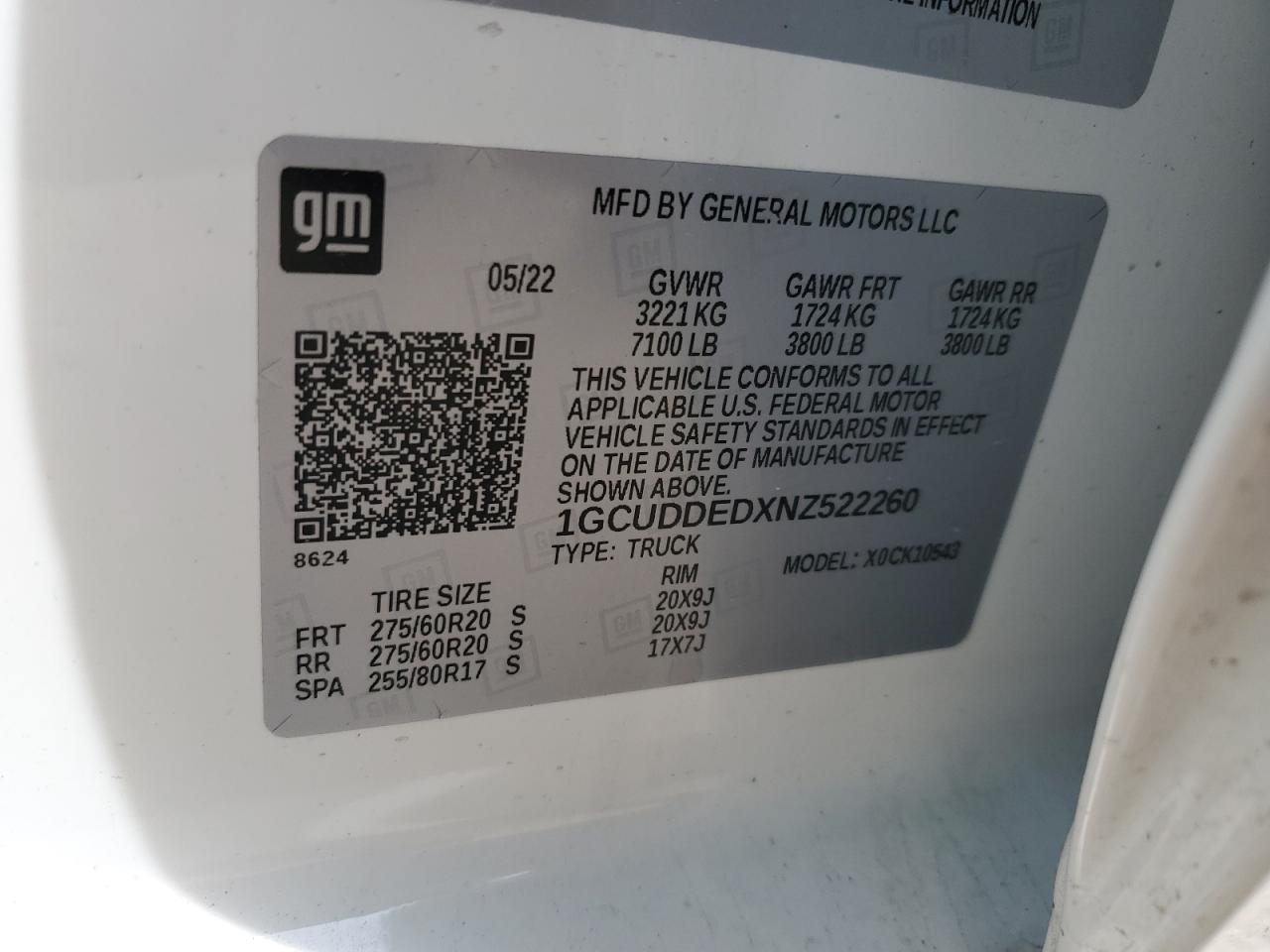 2022 CHEVROLET SILVERADO K1500 LT VIN:1GCUDDEDXNZ522260