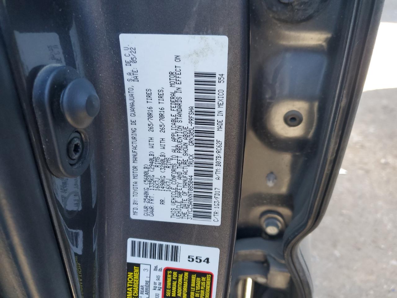 2022 TOYOTA TACOMA DOUBLE CAB VIN:3TYCZ5ANXNT085044