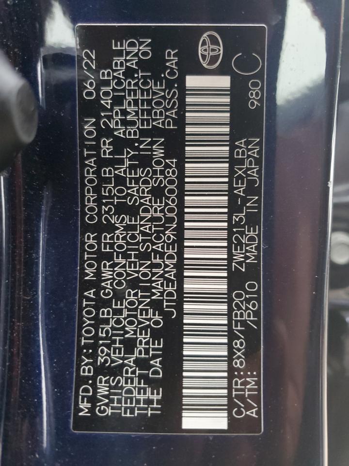 2022 TOYOTA COROLLA LE VIN:JTDEAMDE9NJ060084