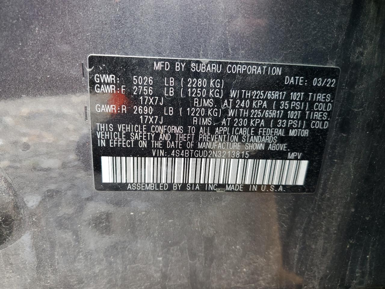 2022 SUBARU OUTBACK WILDERNESS VIN:4S4BTGUD2N3213815