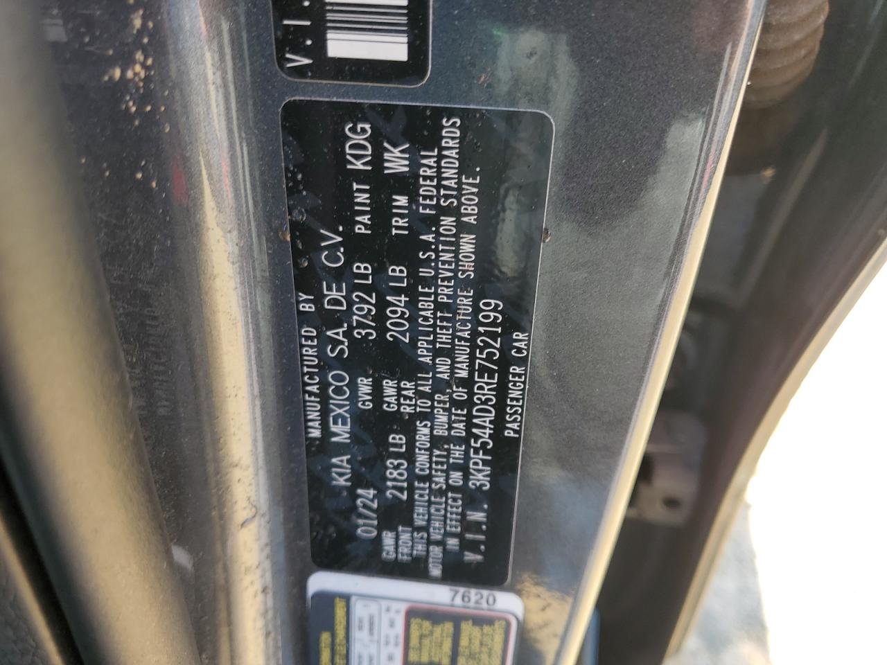 2024 KIA FORTE GT LINE VIN:3KPF54AD3RE752199