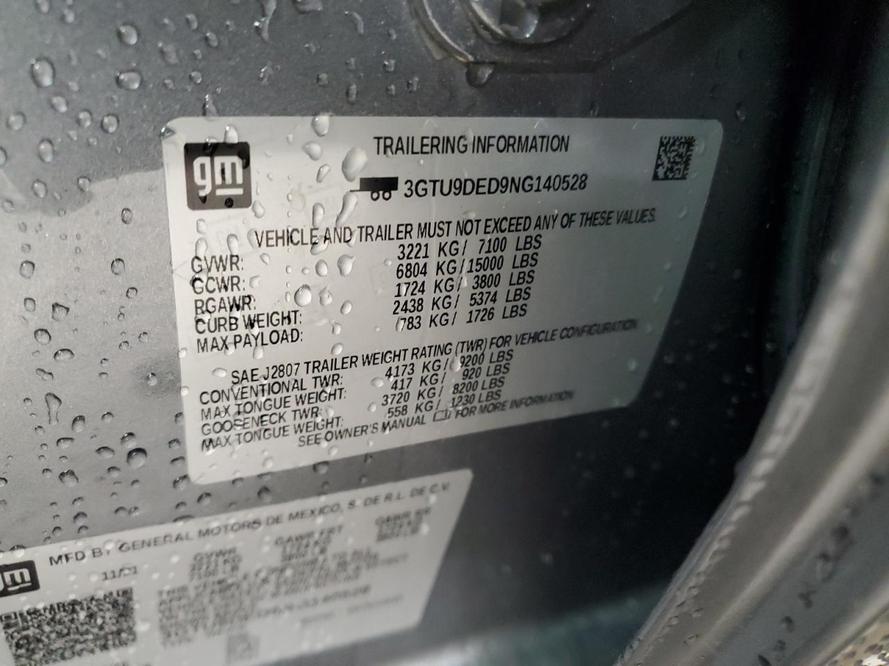 2022 GMC SIERRA LIMITED K1500 SLT VIN:3GTU9DED9NG140528