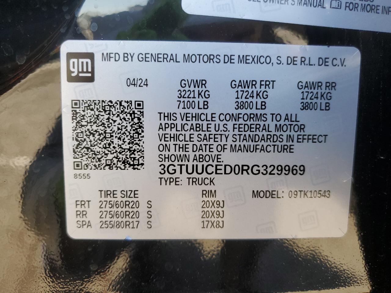 2024 GMC SIERRA K1500 ELEVATION VIN:3GTUUCED0RG329969