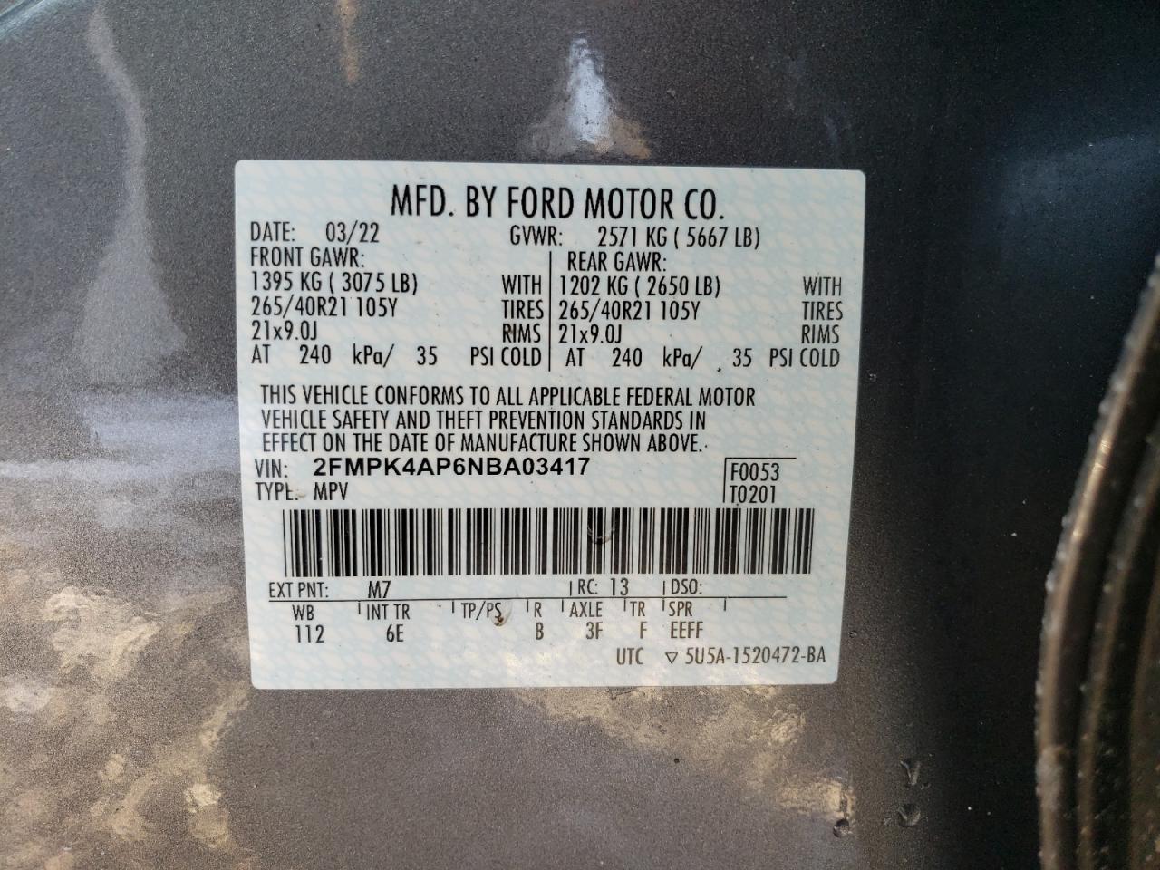 2022 FORD EDGE ST VIN:2FMPK4AP6NBA03417