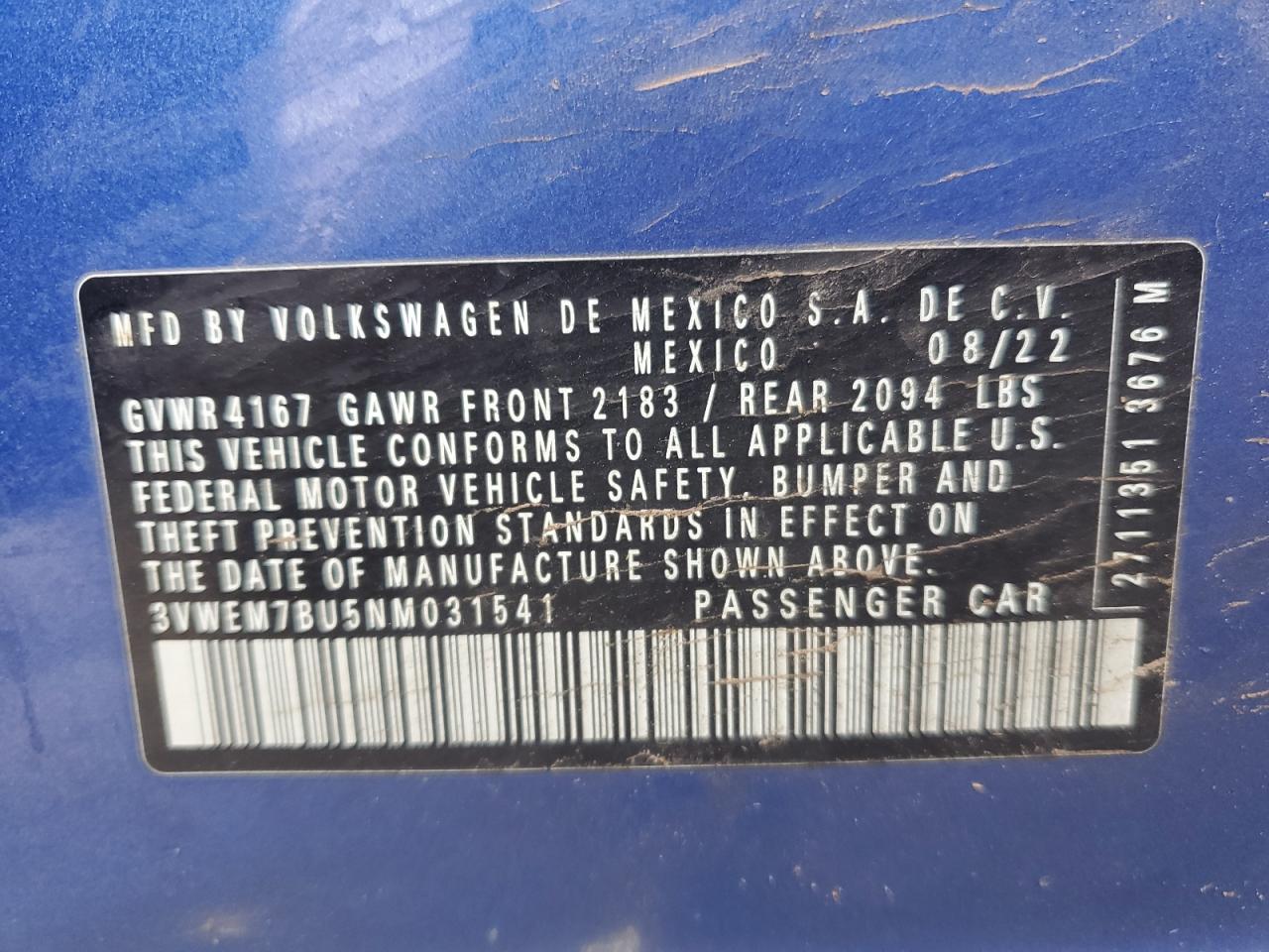 2022 VOLKSWAGEN JETTA SE VIN:3VWEM7BU5NM031541