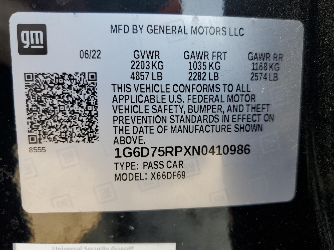 2022 CADILLAC CT4-V BLACKWING VIN:1G6D75RPXN0410986