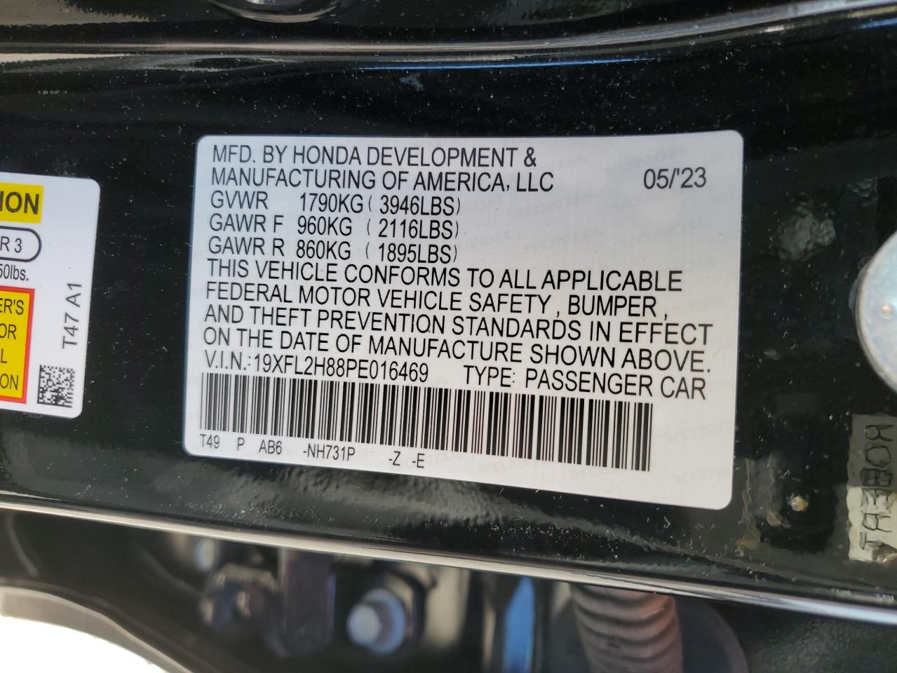 2023 HONDA CIVIC SPORT VIN:19XFL2H88PE016469
