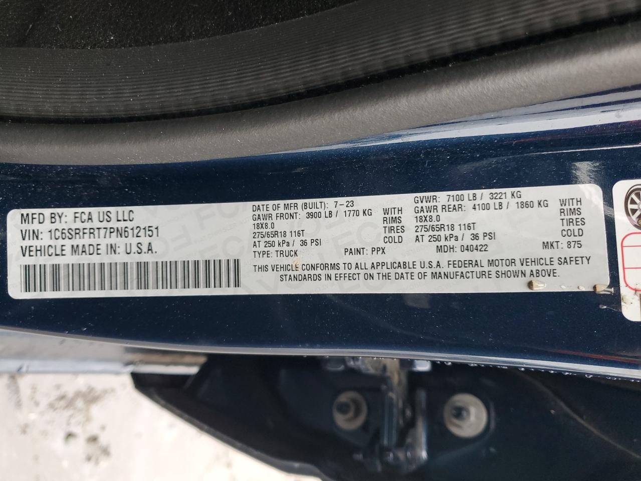 2023 RAM 1500 LARAMIE VIN:1C6SRFRT7PN612151