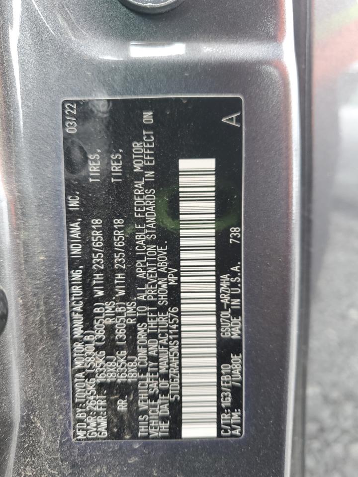 2022 TOYOTA HIGHLANDER XLE VIN:5TDGZRAH5NS114576