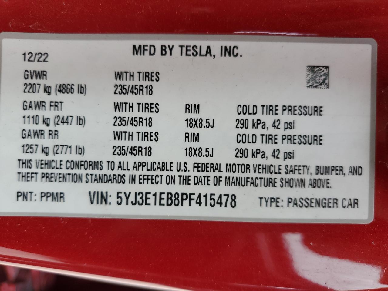 2023 TESLA MODEL 3 VIN:5YJ3E1EB8PF415478