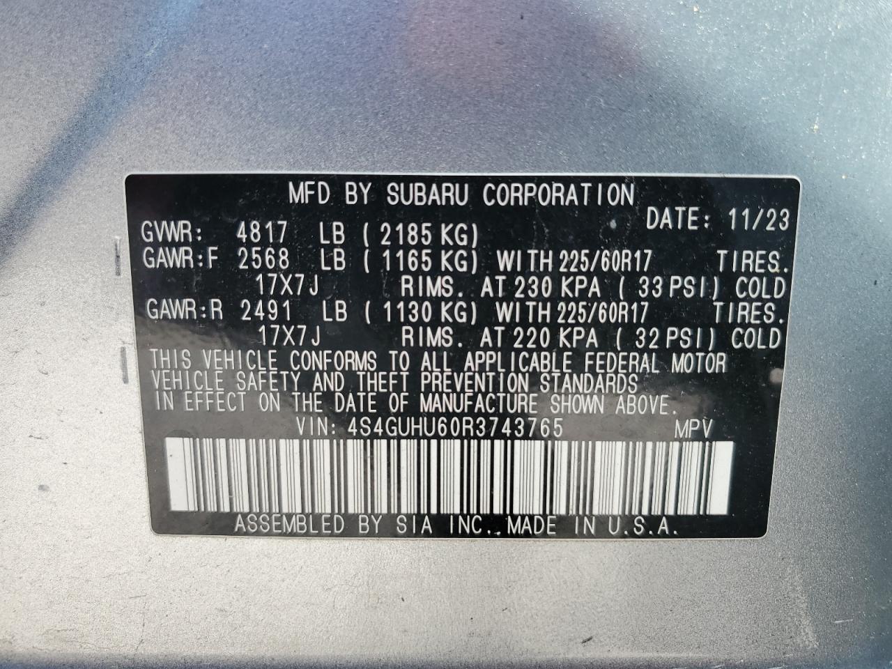 2024 SUBARU CROSSTREK WILDERNESS VIN:4S4GUHU60R3743765