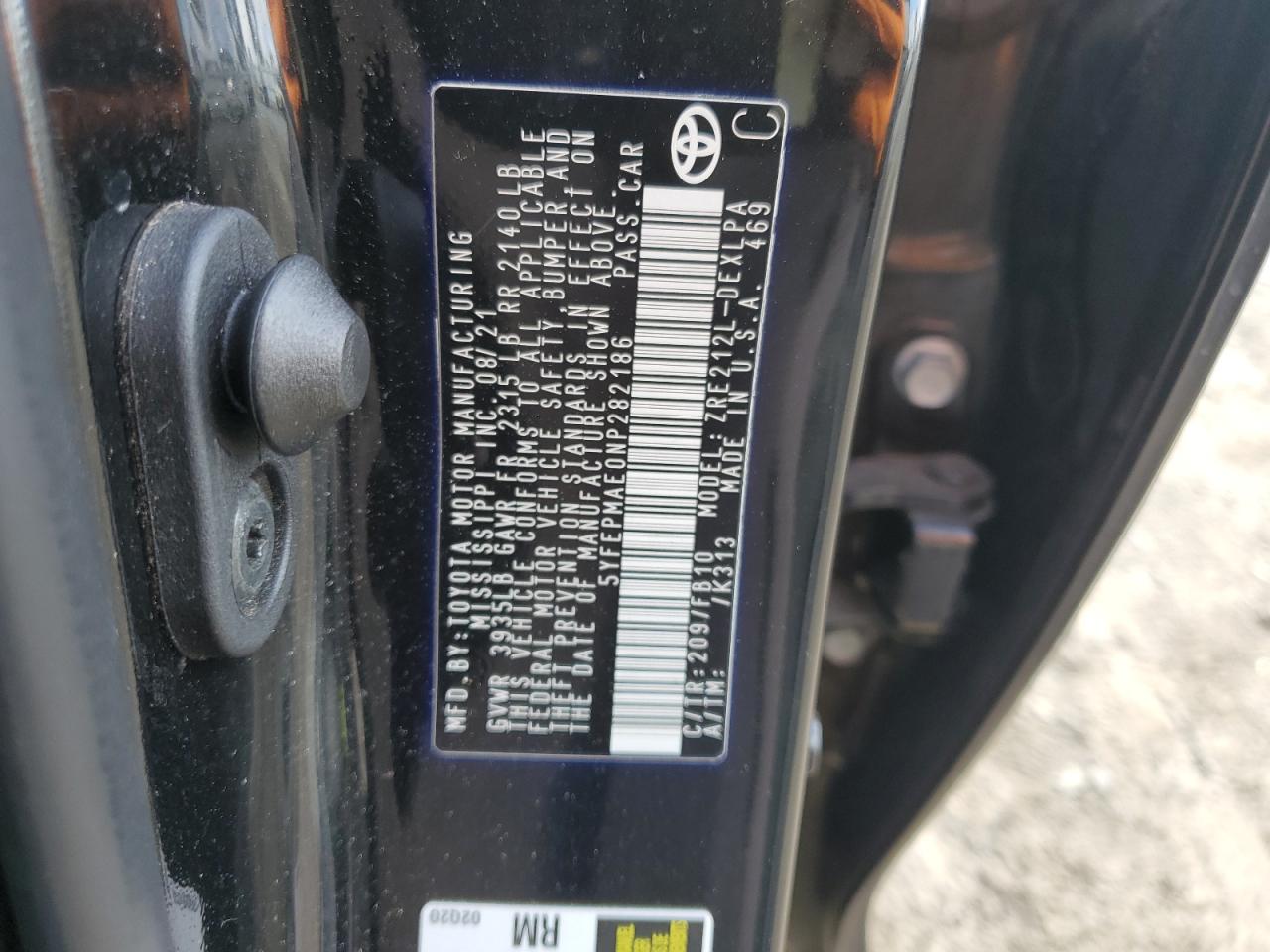 2022 TOYOTA COROLLA LE VIN:5YFEPMAE0NP282186