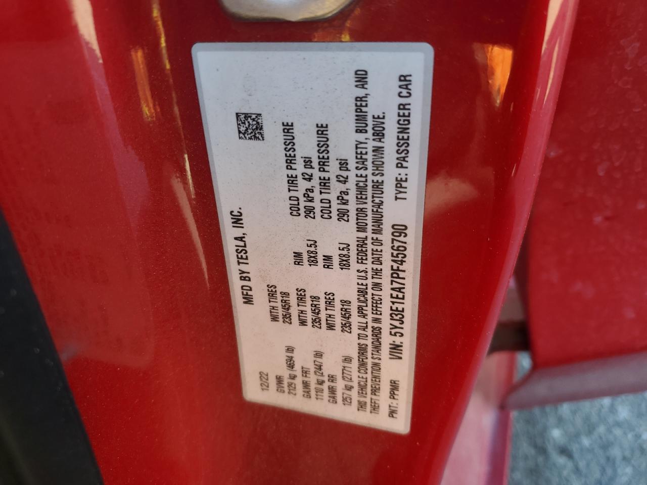 2023 TESLA MODEL 3 VIN:5YJ3E1EA7PF456790