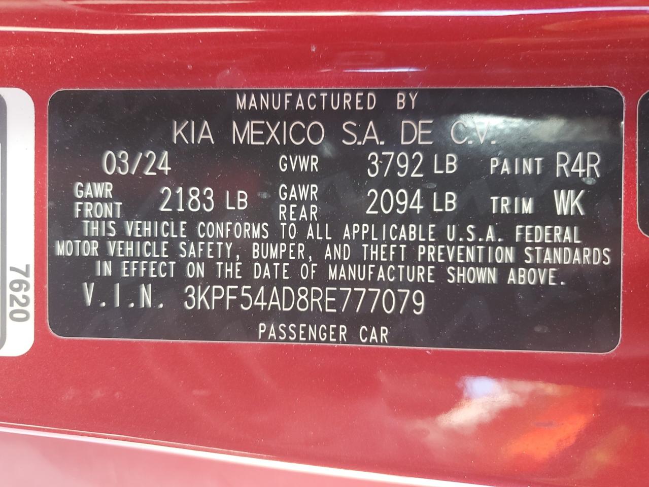 2024 KIA FORTE GT LINE VIN:3KPF54AD8RE777079