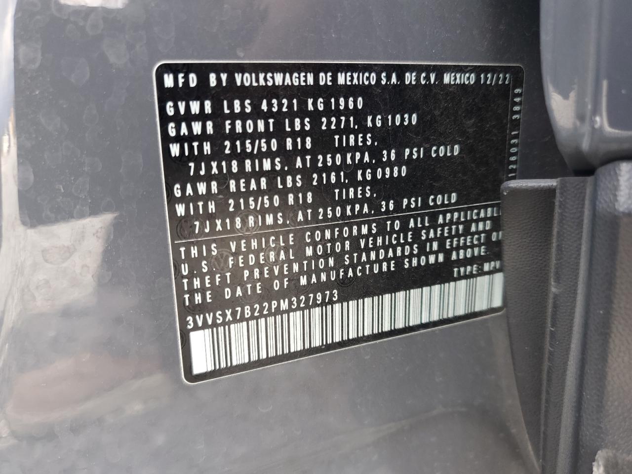 2023 VOLKSWAGEN TAOS SE VIN:3VVSX7B22PM327973