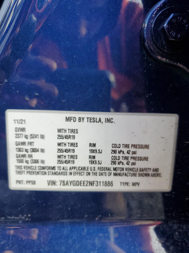 2022 TESLA MODEL Y VIN:7SAYGDEE2NF311886