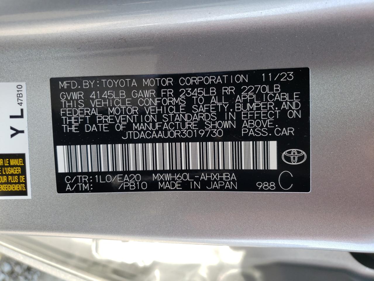 2024 TOYOTA PRIUS LE VIN:JTDACAAU0R3019730