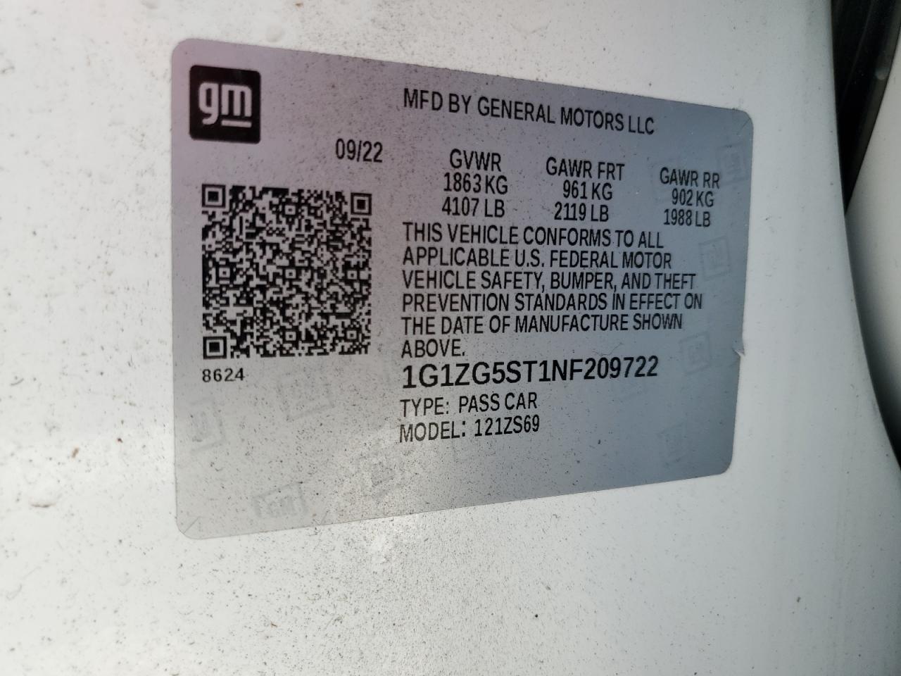 2022 CHEVROLET MALIBU RS VIN:1G1ZG5ST1NF209722