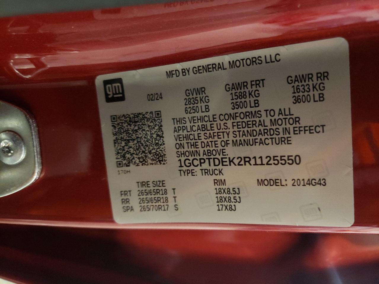 2024 CHEVROLET COLORADO Z71 VIN:1GCPTDEK2R1125550